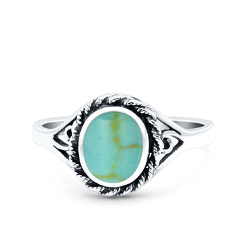 Filigree Petite Dainty Lab Opal Ring Solid Round Oxidized Simulated Turquoise 925 Sterling Silver